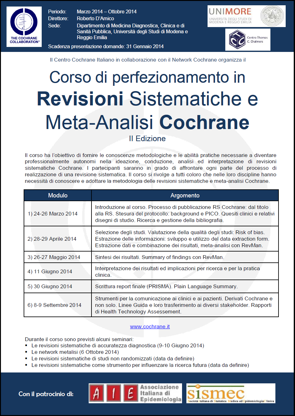 Corso di perfezionamento in Revisioni sistematiche e Meta-Analisi Cochrane