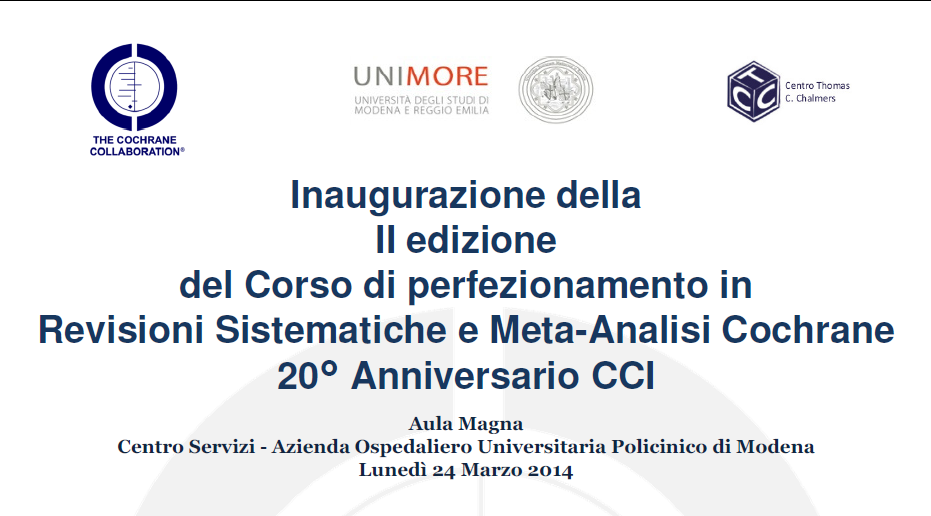 Inaugurazione della II edizione del Corso di perfezionamento in Revisioni Sistematiche e Meta-Analisi Cochrane
