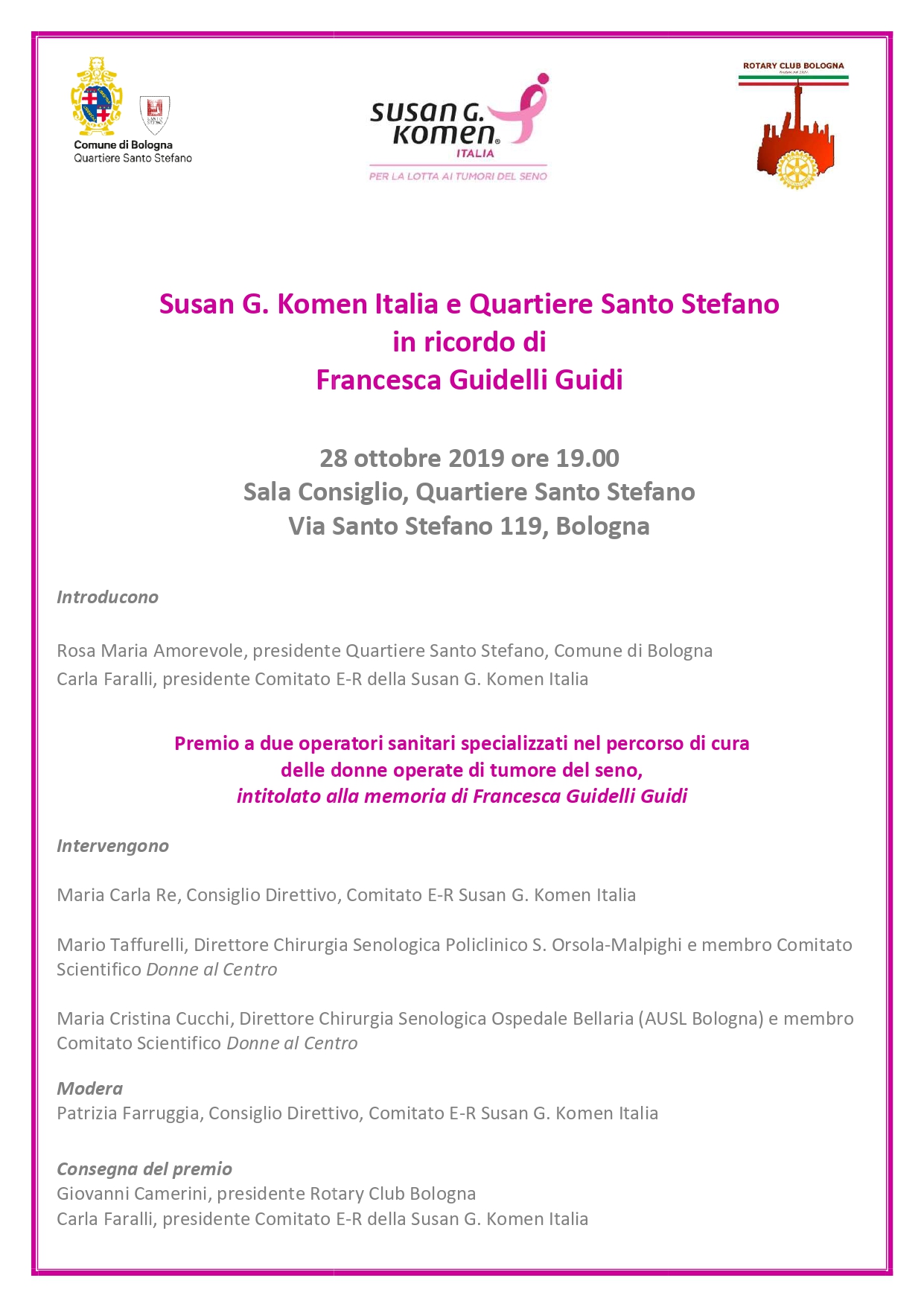 Susan G. Komen Italia e Quartiere Santo Stefano in ricordo di Francesca Guidelli Guidi