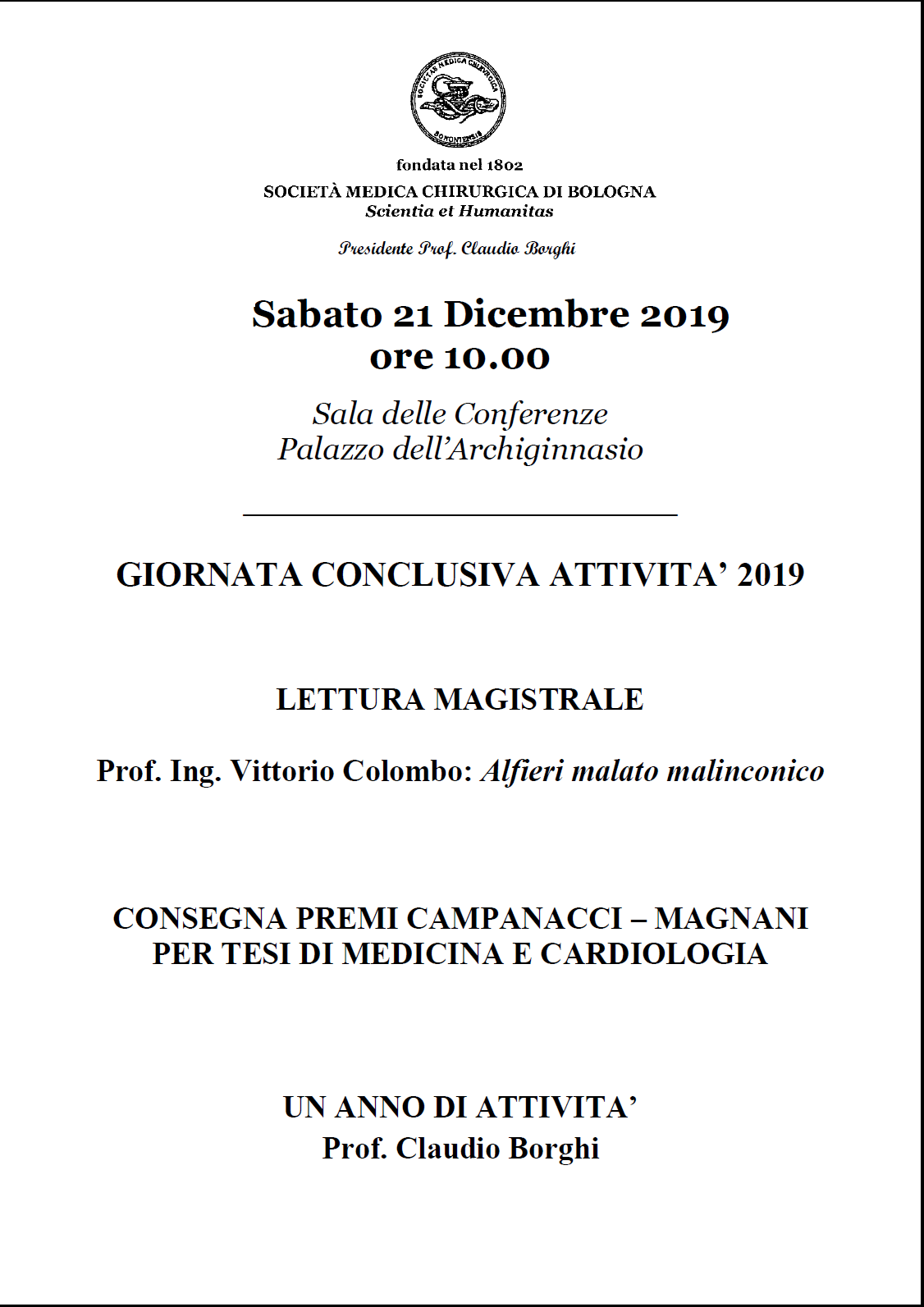 Società Medica Chirurgica di Bologna Scientia et Humanitas - Giornata conclusiva attività 2019