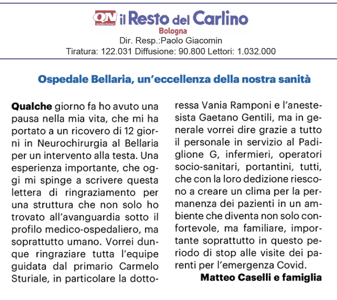 Ringraziamenti di un cittadino alla Neurochirurgia dell'ISNB