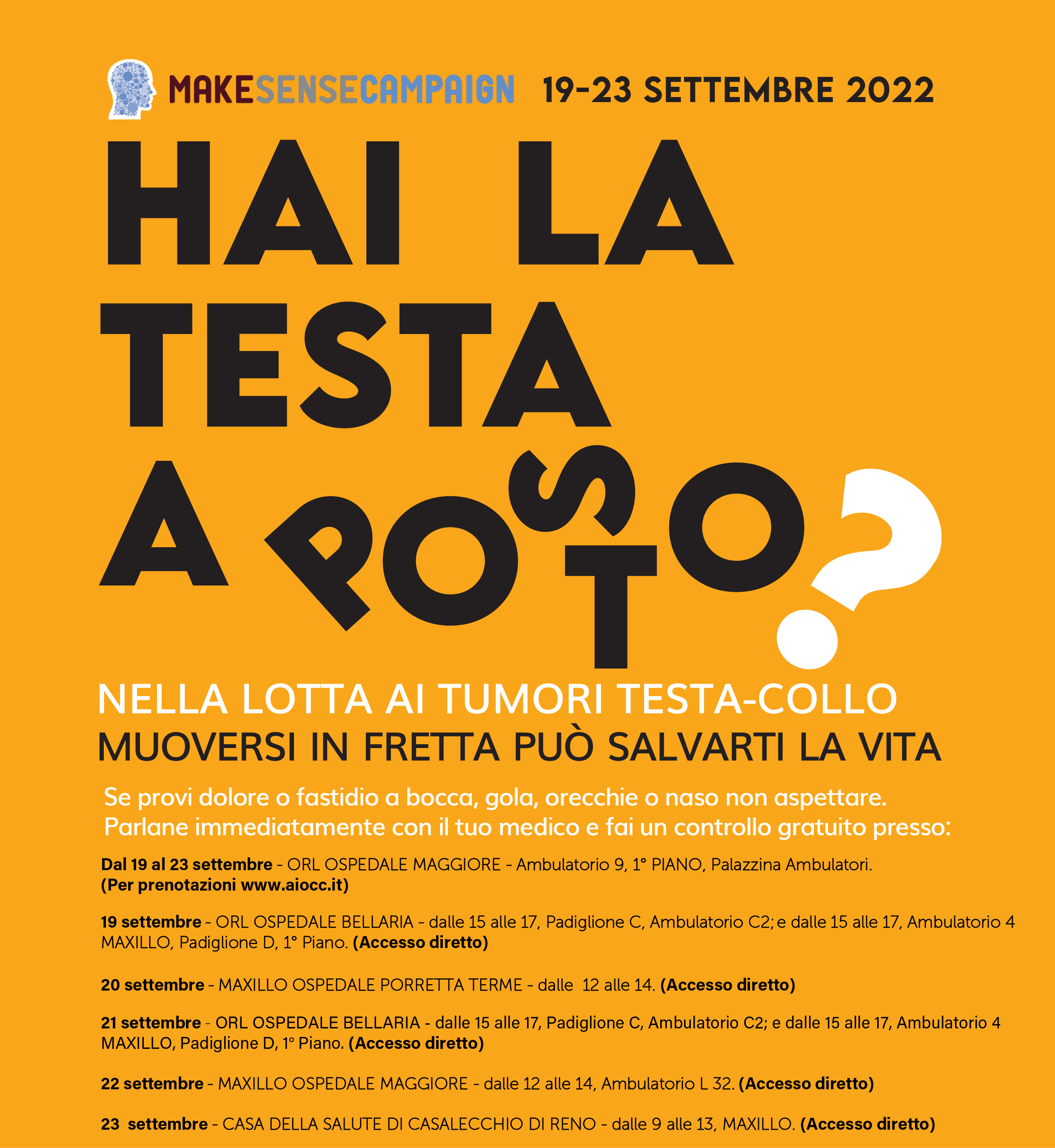 Anche a Bologna, dal 19 al 23 settembre la X edizione della Make Sense Campaign, la Campagna europea di sensibilizzazione alla diagnosi precoce dei tumori testa-collo