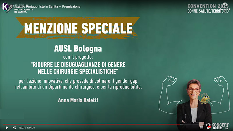 Premio Protagoniste in sanità 2023, menzione speciale per il progetto presentato da Anna Maria Baietti, direttrice del Dipartimento delle Chirurgie Specialistiche dell'Azienda USL di Bologna