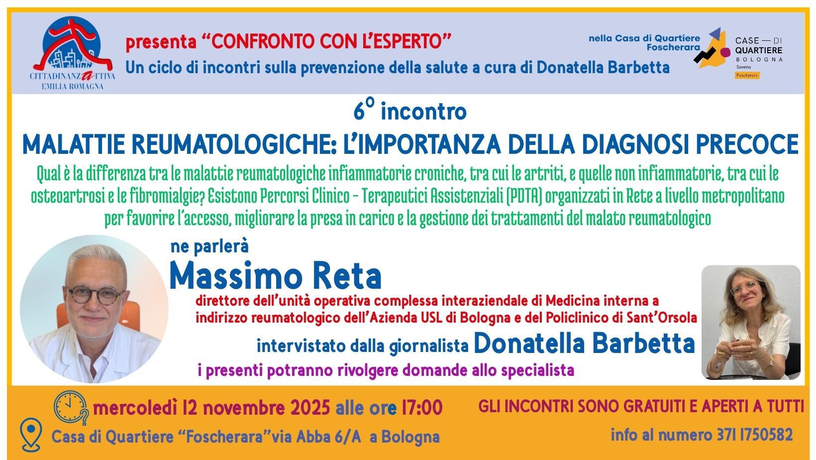 L'importanza della diagnosi precoce nelle malattie reumatologiche. Incontro con i cittadini alla Casa di Quartiere Foscherara